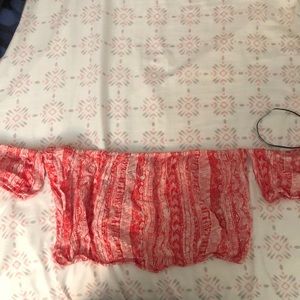 Red & white over the shoulder cropped top
